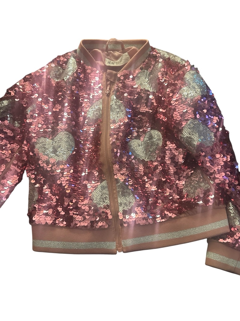 H&M 4T Pink Sequin Heart Bomber Jacket - Kids